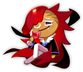 an image of vampire cookie from cookie run. he is sitting with one leg in the air, drinking a glass of wine while winking.
